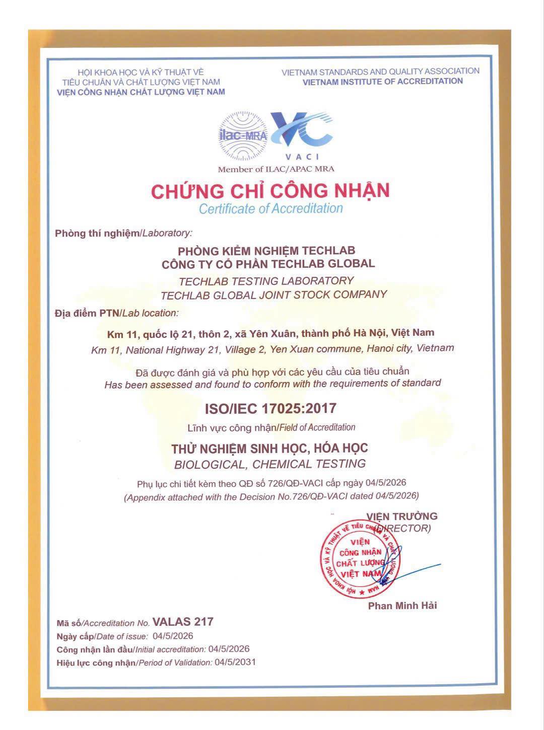 Chứng nhận năng lực ISO IEC 17025 TechLAB Global