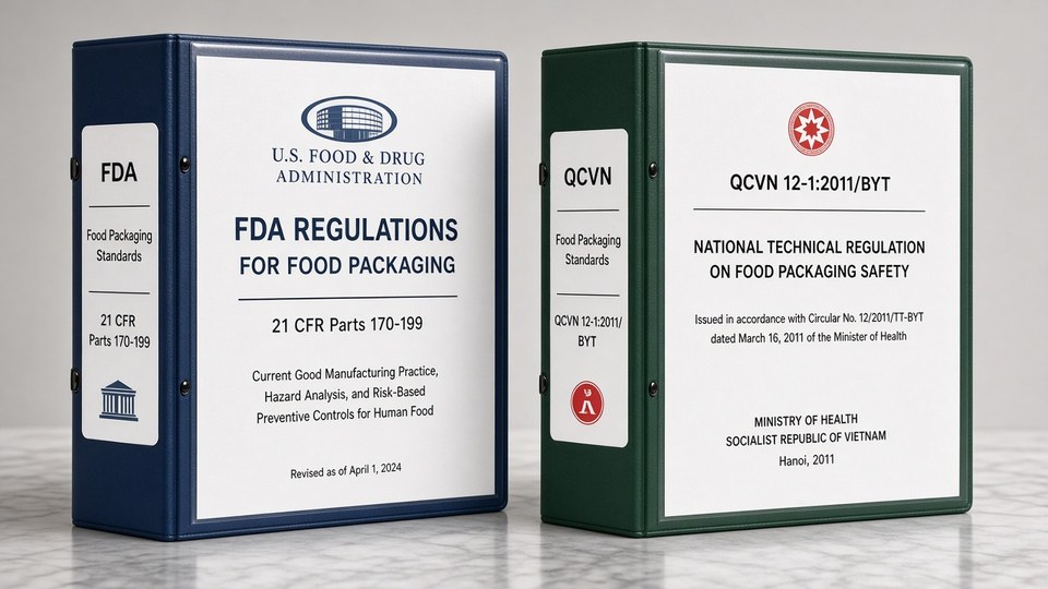 So sánh yêu cầu bao bì VN (QCVN) với FDA và GB 4806 — minh họa